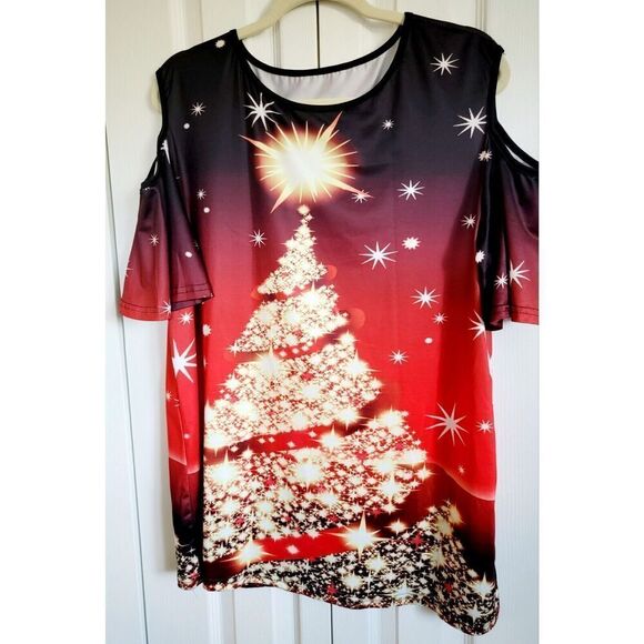 Women's 4X Short Sleeve Red Gold Christmas Tree Cold Shoulder Blouse (Runs SMALL - Picture 1 of 6